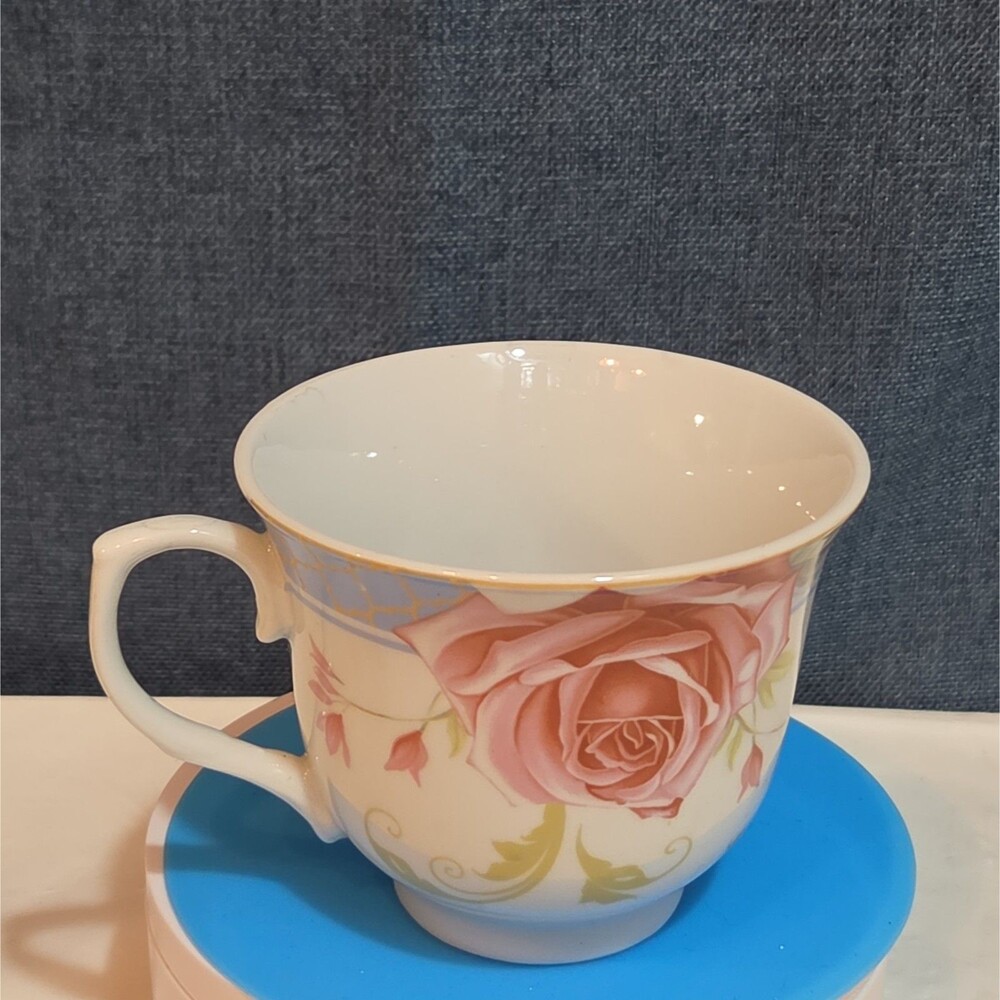 Lorren Home Trends Pink Floral Rose Ceramic Tea Cup Cottagecore